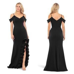 XSCAPE Women's Long Scuba Crepe Cold Shoulder Ruffle (Black) Dress Size 8 NWT